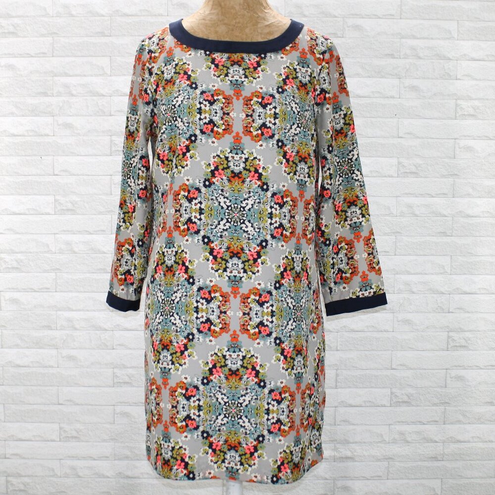 J. CREW Misty Fog Dress Midi Abstract Floral Multicolor Medallion Gray Orange 8